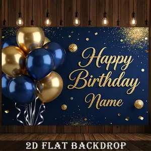 Blue Gold Birthday Custom Backdrop Personalized Celebration Background Cloth Party Tapestry Wall Hanging Photography Background Polyester Fiber Indoor Outdoor Event Decor Studio Prop Photo Booth Social Media Setup