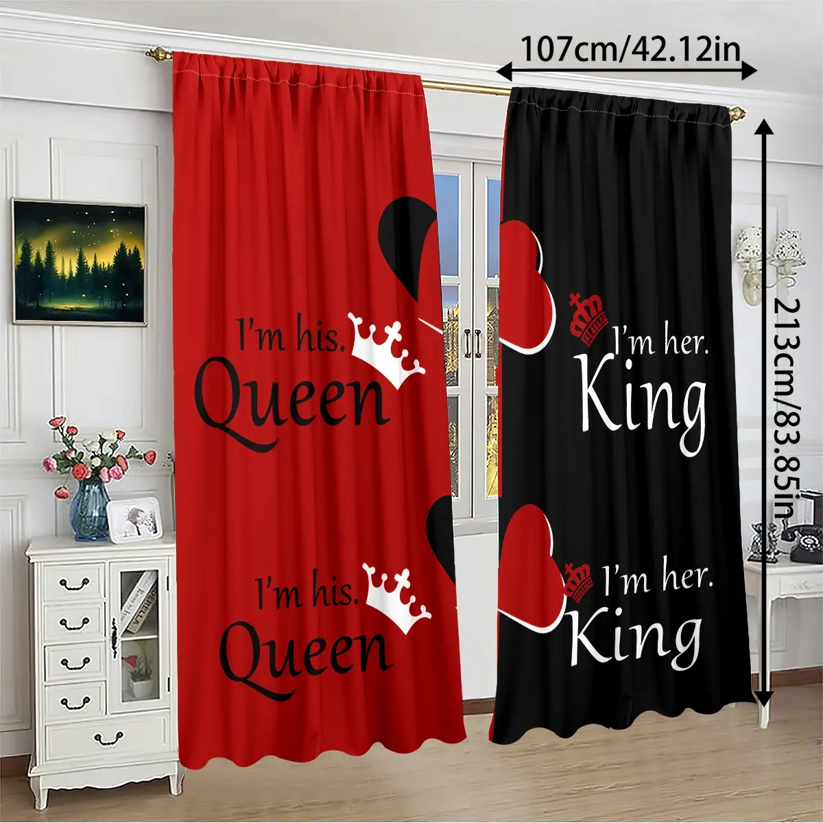 2 Piece Printed Curtains, Window Curtain, Home Decorative Curtain, Heart Crown Pattern, Rod Pocket Design, Easy to Hang, Vibrant Semi-Transparent Privacy Curtains, Home Decoration Curtain