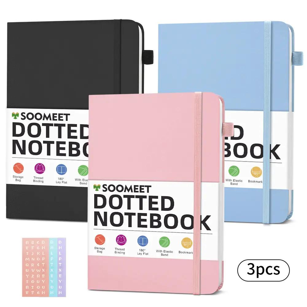 3 packs Dotted Journal Bullet Notebooks with Pen Loop, Hardcover Leather Notebook, 100Gsm Premium Thick Paper with Inner Pocket, Stickers, A5, 5.7 x 8