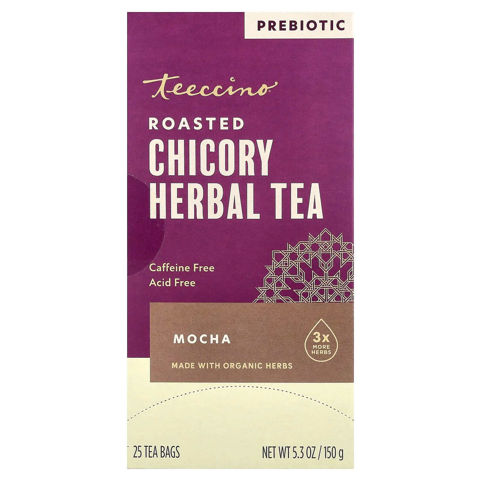 Teeccino Roasted Chicory Herbal Tea, Mocha, Caffeine Free, 25 Tea Bags, 5.3 oz (150 g)