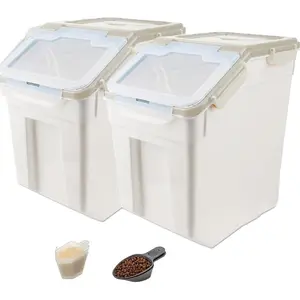 2 Pack 50LB Large Airtight Flour Storage Container Bin, Total 100LBS Capacity Grey Plastic Organizer with Wheels Seal Locking Lid, Measuring Cup & Scoop for Flour Rice Grain