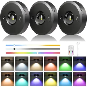 3 Pack Rechargeable Puck Lights - LED Puck Lights with Remote Control, Dimmable, 12 Colors & 2 Dynamic, 1000mAh Battery Operated, Timer - Magnetic Stick on Light, Ideal for Kitchen, Cabinets, Closet