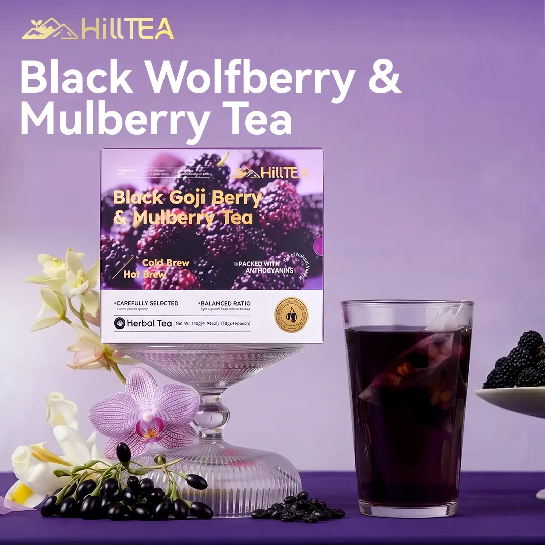 HILLTEA Cold Steep Black Goji Mulberry Tea, Sugar Free Fruit Iced Tea, Oolong Cold Infusion with Real Fruit，Vitamin A Herbal Sip, Hot or Cold Steep,14 ct