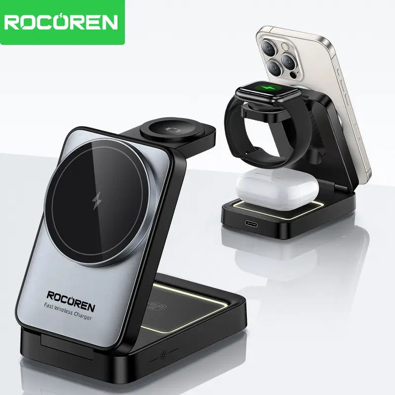 Multi-Device Portable Rocoren 3 in 115W Wireless Charger Stand for iPone 151413 Samsung S22 Ultra S21 S20 Galaxy Watch AirpodsPro iWatch Fast Charging Dock Station Metal SmartphoneCellphone Electronic