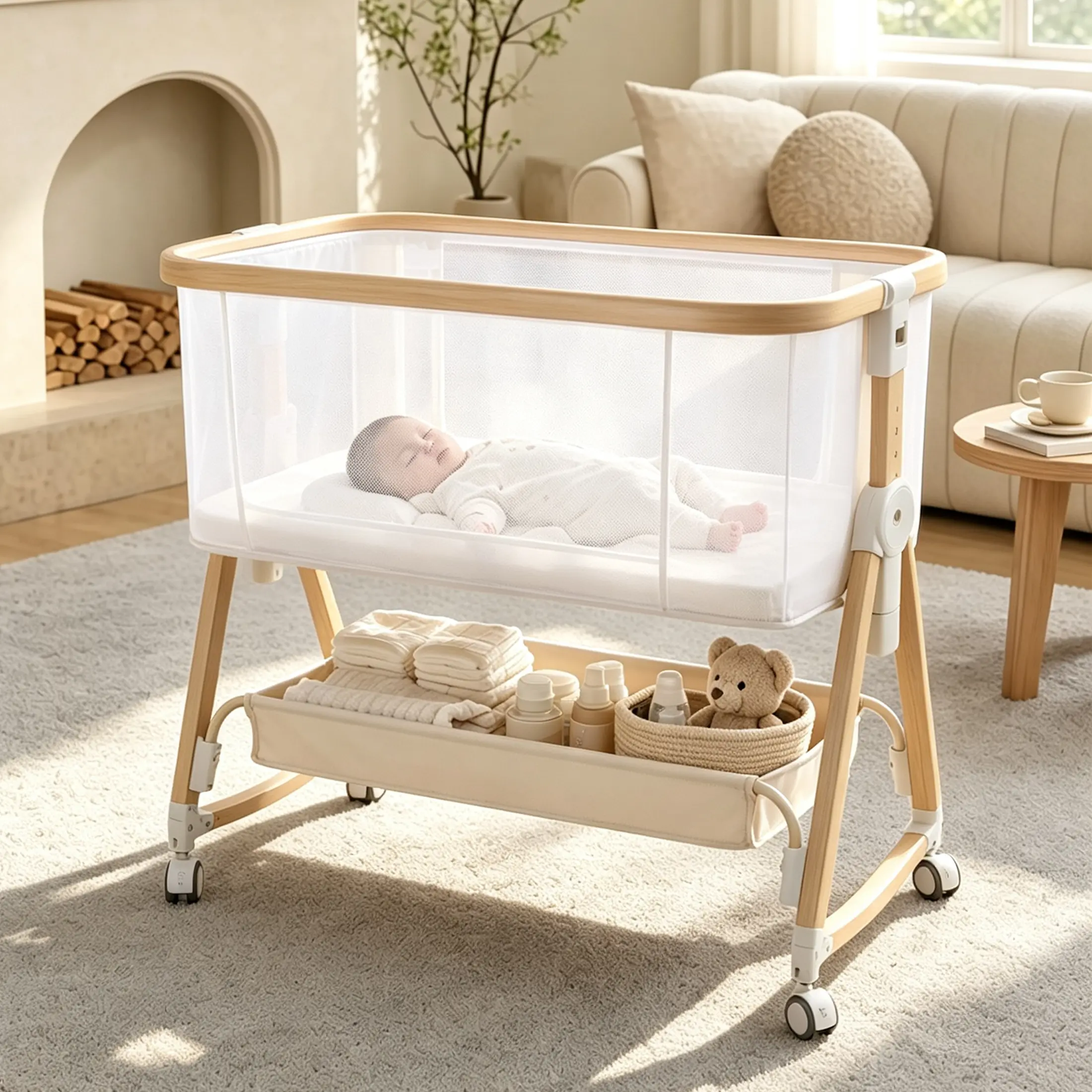 Baby Bedside Sleeper Bassinet, Bassinet Storage Basket and Wheels, Beige | Multi-functional, breathable mesh，adjustable height, washable fabric, 360°lockable wheels, large storage capacity