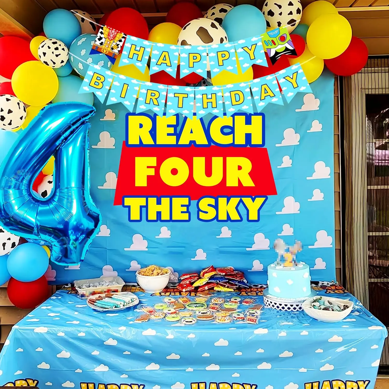 4th Birthday Adventure Decorations Kit for Boys - Cartoon Story Themed Balloon Garland, Arched Backdrop, Party Banners, Cloud Cloth Backdrop (Home & Festive Party Supplies)