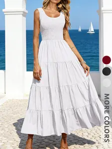 New Summer Women's Sleeveless High Waist Cake Dress, Elegant Sweet Spicy Style Long Dress, Fitted Shirred Design, Plain Pattern