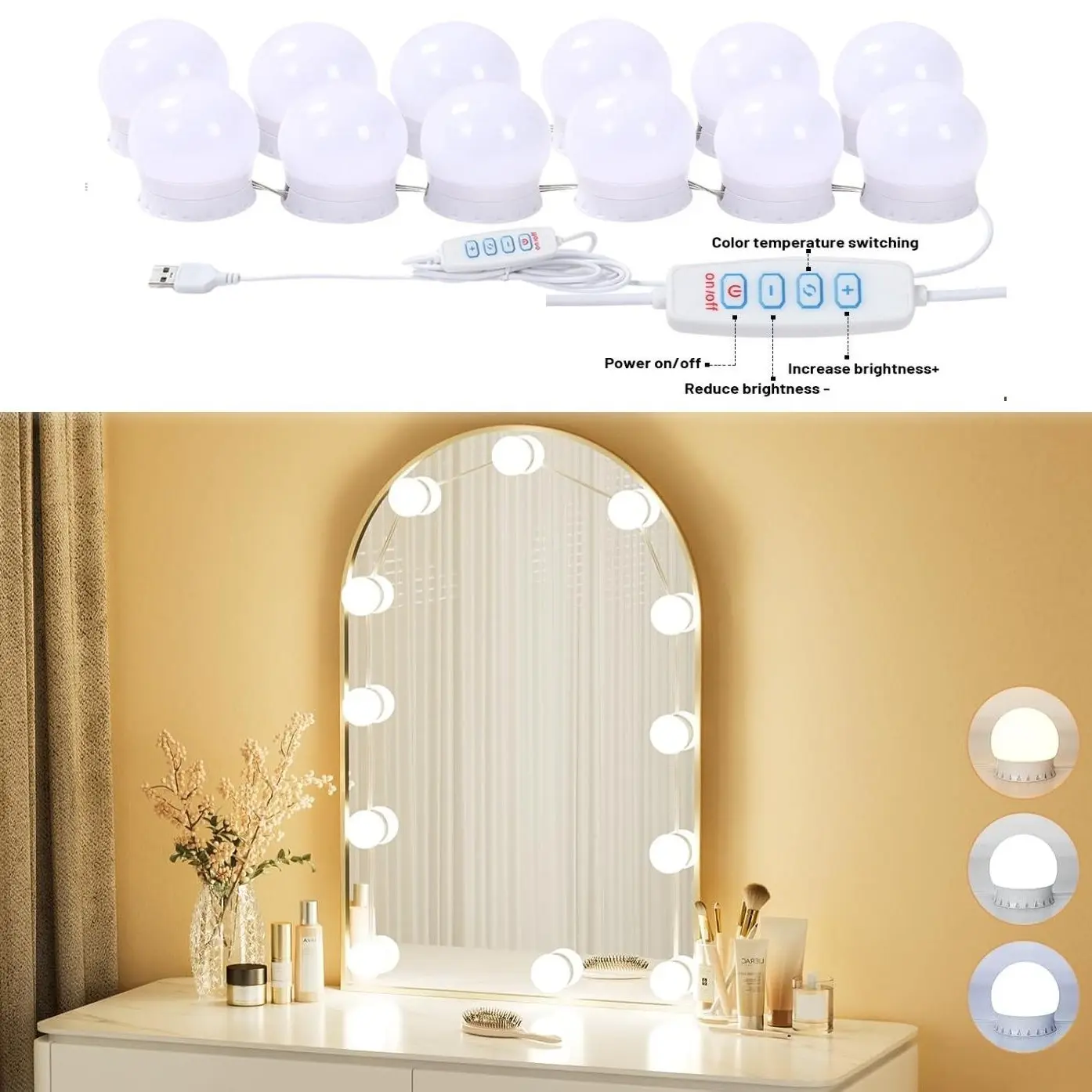Consciot Hollywood-Style LED Vanity Lighting Fixtures - 12 Dimmable Bulbs (Included), Adjustable Color & Brightness, USB Cable, Stick-On Easy-Install LED Lights for Makeup Tables
