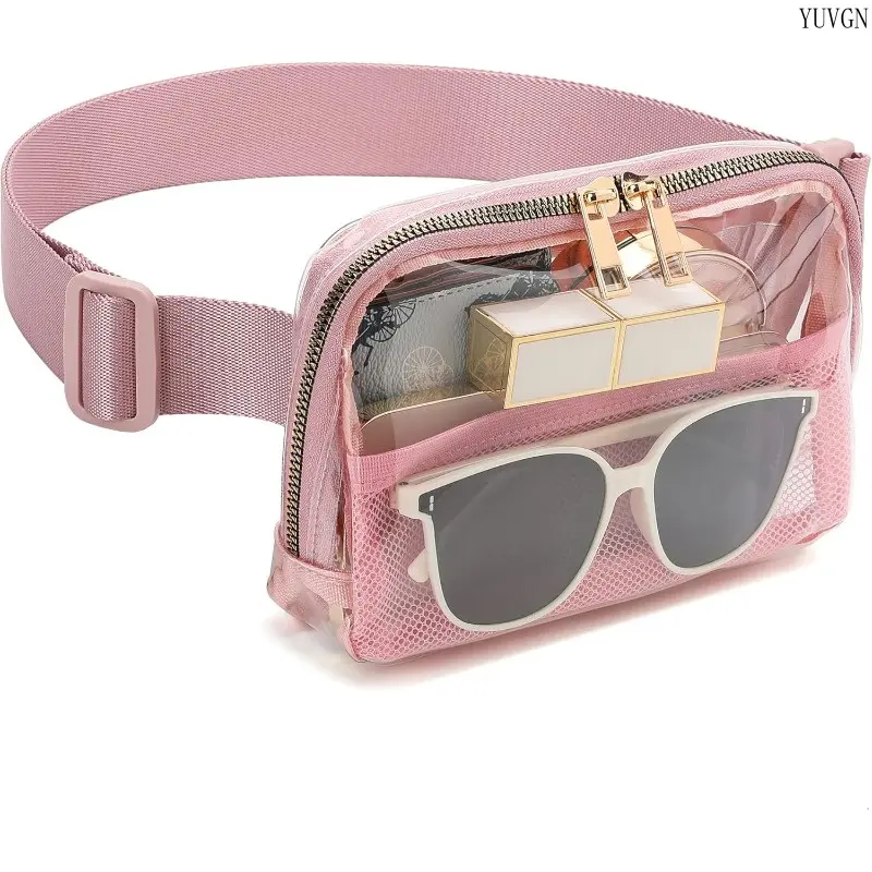Women's Stadium-Approved Pink Clear Belt Bag - Adjustable Shoulder Strap, Transparent PVC & Mesh, Ideal for Travel, Concert Events