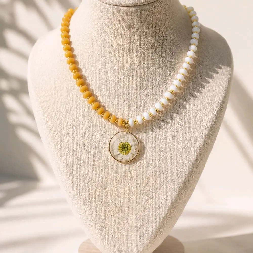 Pressed Daisy Necklace | Handmade Floral Pendant Necklace | Yellow & White Beaded Necklace | Nature Inspired Jewelry | Boho Flower Necklace