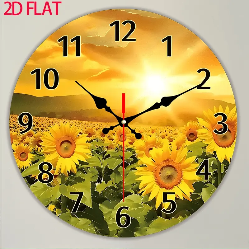 2D Flat Fashion Simple Silent Quartz Wall Clock, This is a round wall clock with a sunset sunflower field as the background pattern, simple and beautiful, 30x 30cm Acrylic round design, fashionable and durable, suitable for home, Decorative Wall Clock