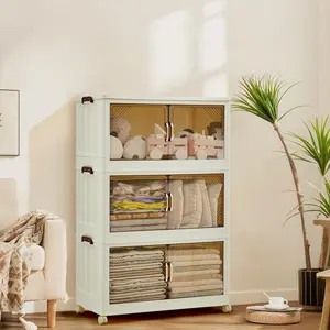 Garvee 144QT Stackable Storage Bins with Lids, Plastic Storage Drawers Featuring Magnetic Doors and Wheels, Foldable Collapsible Closet Organizers for Home, Dorm, Office in White