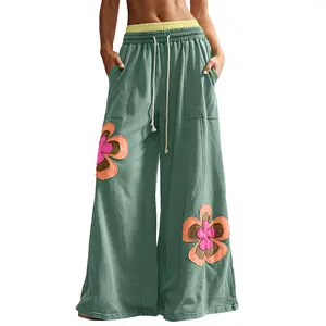 Women's Boho Wide-Leg Pants with Embroidered Flower Patchwork, Loose Fit Bohemian Casual Trousers with a Comfy Elastic Waist, Bohemian Wide Leg, Casual Fashion Trousers