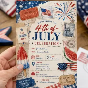 30pcs Personalized America’s 250th Anniversary Invitation Cards - 5.3"x8", 5x7 Option, 4th of July 2026 Party Use, Kraft Brown Office Stationery, Free Standard Shipping, Customizable Message