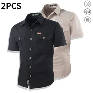 2-pack men’s work short-sleeve shirts, lightweight with two pockets; retro casual thin shirt; solid color summer men’s short-sleeve shirt for outerwear; casual short-sleeve jacket with multiple pockets.