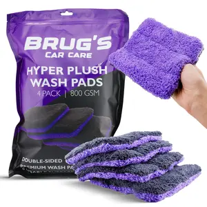 Brug’s Hyper Plush Wash Pads (4 Pack) | 800 GSM Microfiber | Scratch-Safe Car Wash Sponges | 8 Sides + Thumb Grip