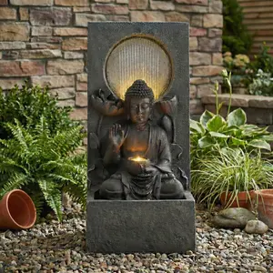 ARCH 28" H Outdoor Buddha Waterfall Fountain, Freestanding Relaxing Water Feature, Asian Zen Fengshui Decor for Patio, Garden, Backyard, Deck & Home, Ideal Gift Led Fountain