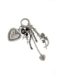 Gothic Vintage Heart Keychain, Y2K Dark Style Personalized Bag Charm, Silver Color Cross Rose Metal Pendant, Unique Accessory, Keychain Jewelry, Stainless Steel Keychain