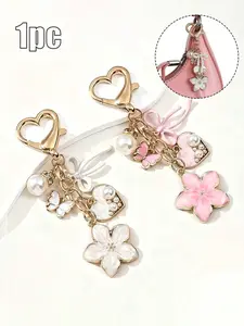 Elegant Floral Butterfly Enamel Keychain, Heart Cutout Design, Gold Layered Flowers, Fashion Backpack Bag Decoration