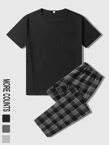 Men's Two-Piece Set Outfit, Fitted Round Neck Shirt and Checked Plaid Pants, Fashionable Comfortable Casual Wear, Suitable for All Seasons, Multiple Colors Available