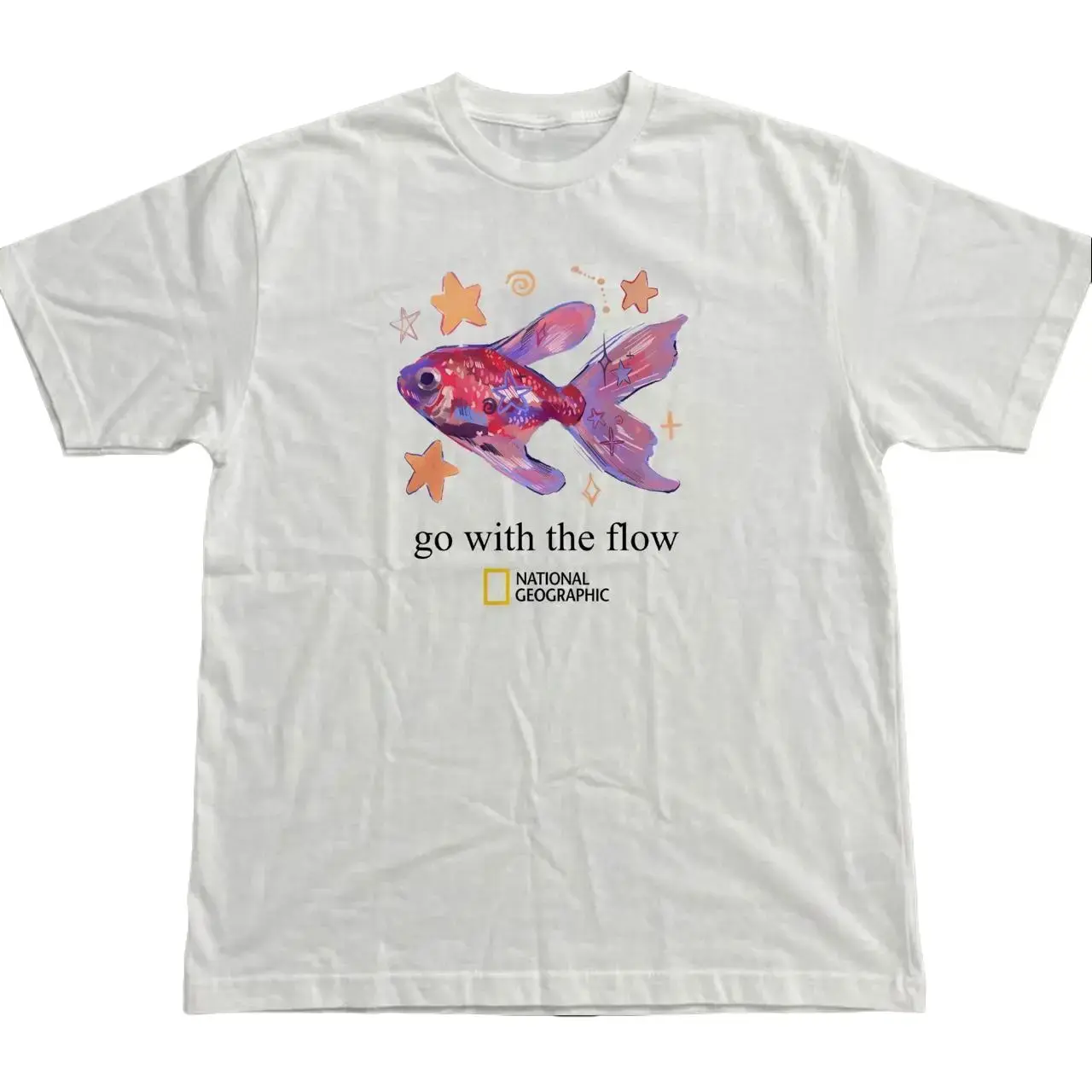 National Geographic Fish Graphic T-Shirt, "Go With The Flow" Y2K Aesthetic Tee, Unisex White Cotton Oversized Summer Casual Shirt