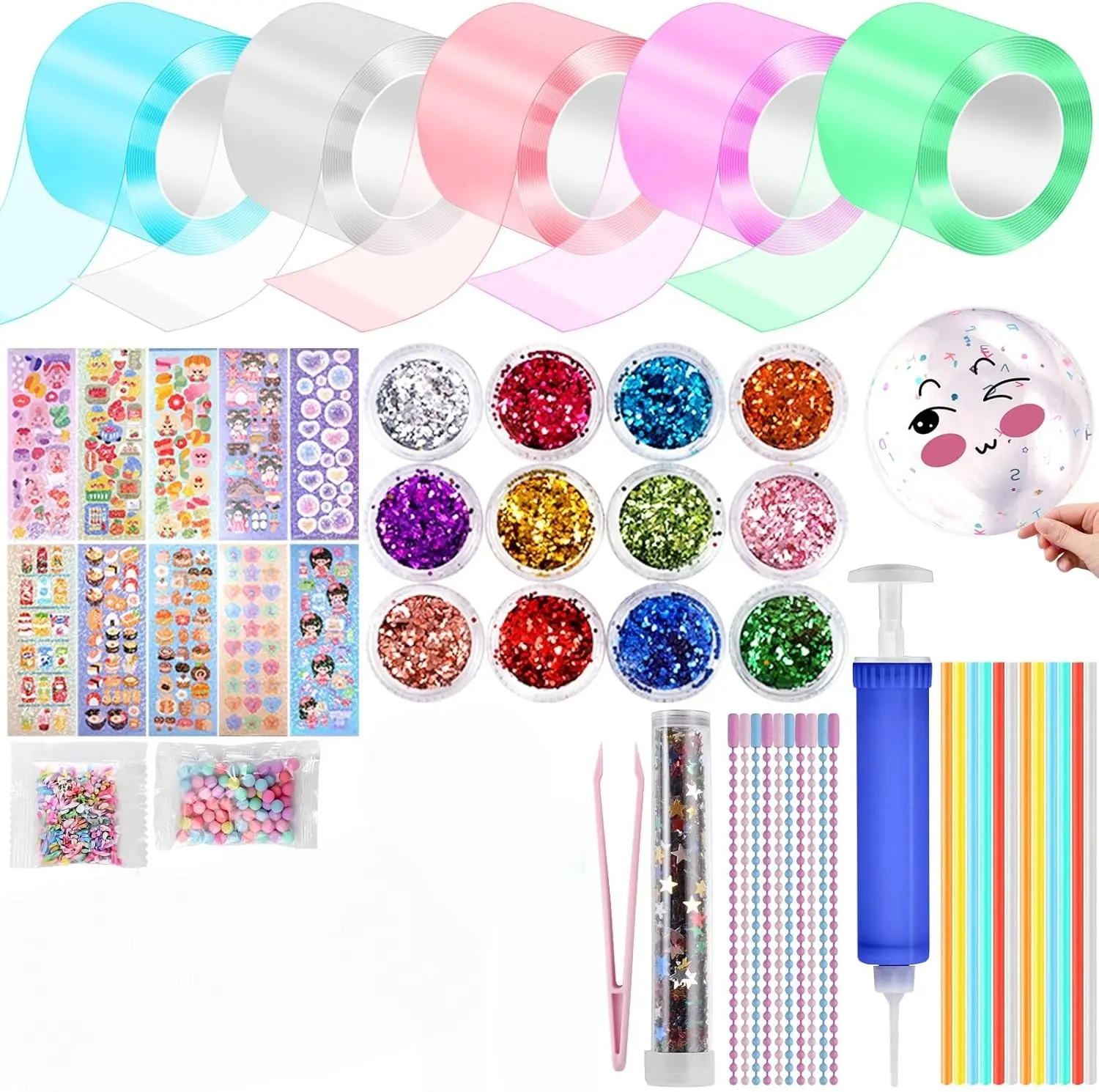 5 Pcs Nano Tape Bubble Kit,1m/3.28 ft Each Roll Nano Tape Bubbles Double Sided Tapes with Luxe Glitter,  Beads, Cute Stickes Glue And Seal Glue Roller