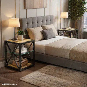 Industrial 2-Piece Small Nesting Nightstand Set - Sturdy Metal Frame, Tempered Glass & Natural Wood MDF Tops, 110lbs Capacity, 17.72"L * 17.72"W * 21.07"H, 43.20 lbs, Compact Easy-Setup Side Table for Bedroom, Living Room