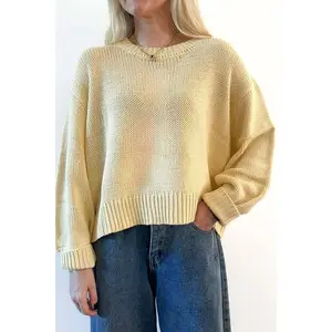 Sunny Balloon Sleeve Sweater Top - Butter Yellow, Round Neckline, Drop Shoulders, Ribbed Details, Slouchy Fit, Lightweight Knit Fabric
