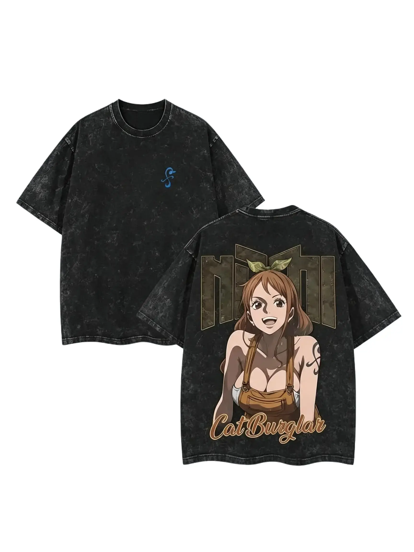One Piece Nami Graphic T Shirt Men Women Vintage Washed Black Anime Tee Oversized Streetwear Shirt Y2K Harajuku Fashion Japanese Anime Style Casual Short Sleeve Top Retro Acid Wash Shirt Anime Fan Gift