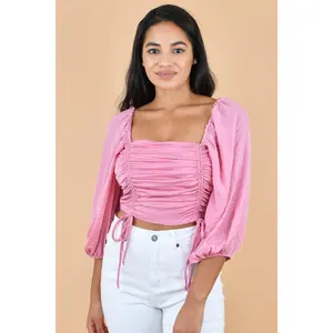 Pink Square Neck Puff Sleeve Ruched Drawstring Crop Top