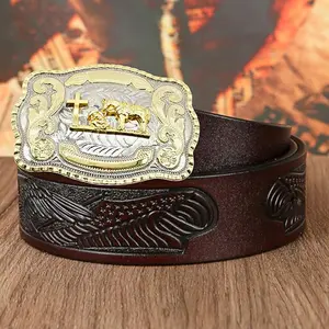 Large gold-tone Western cowboy cross belt buckle with a praying cowboy design, perfect for unisex belts.