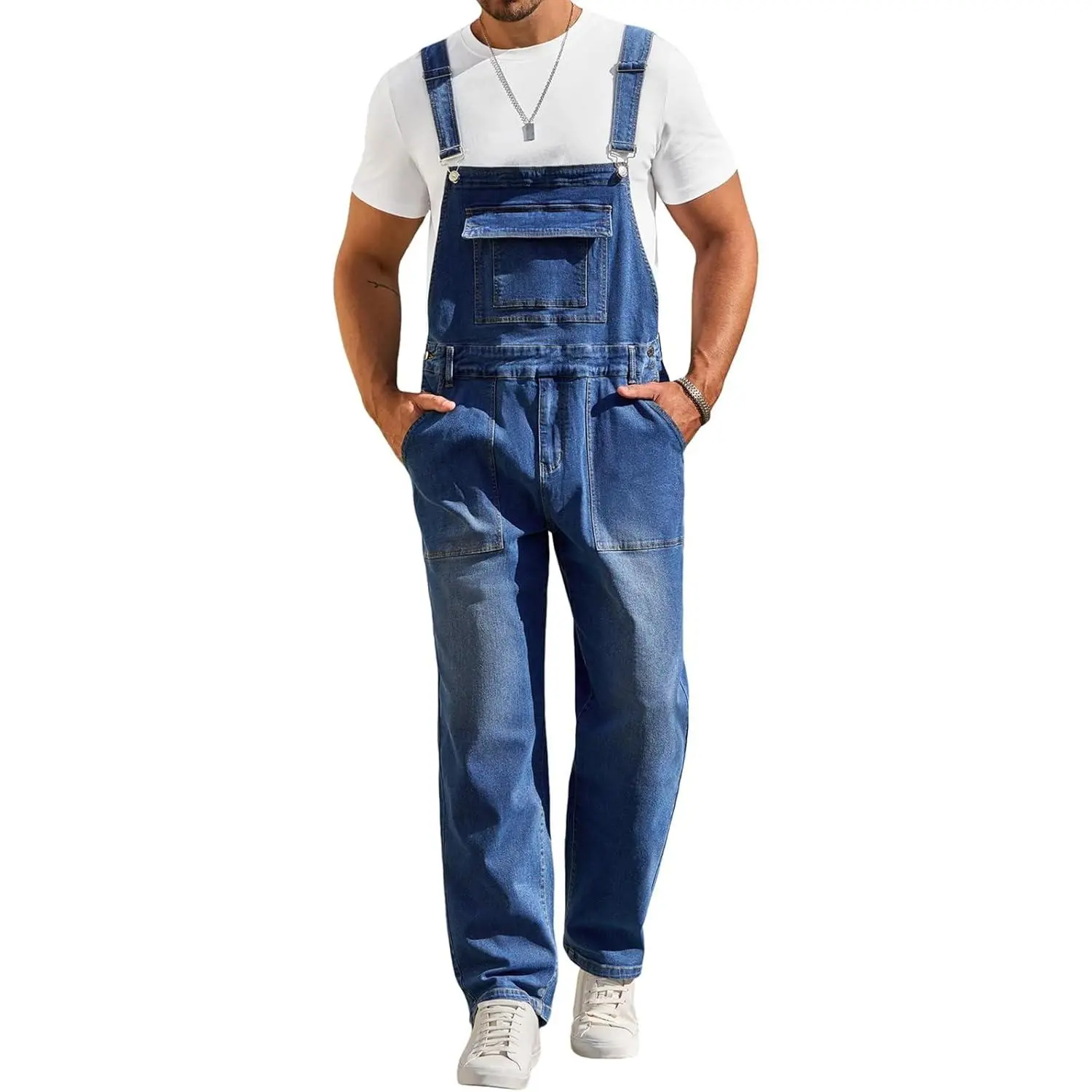 Men's Slim Fit Bootcut Denim Overalls, Casual Bib Pants with Multiple Pockets and Adjustable Straps, Fashion Menswear, Boot Cut, Modern