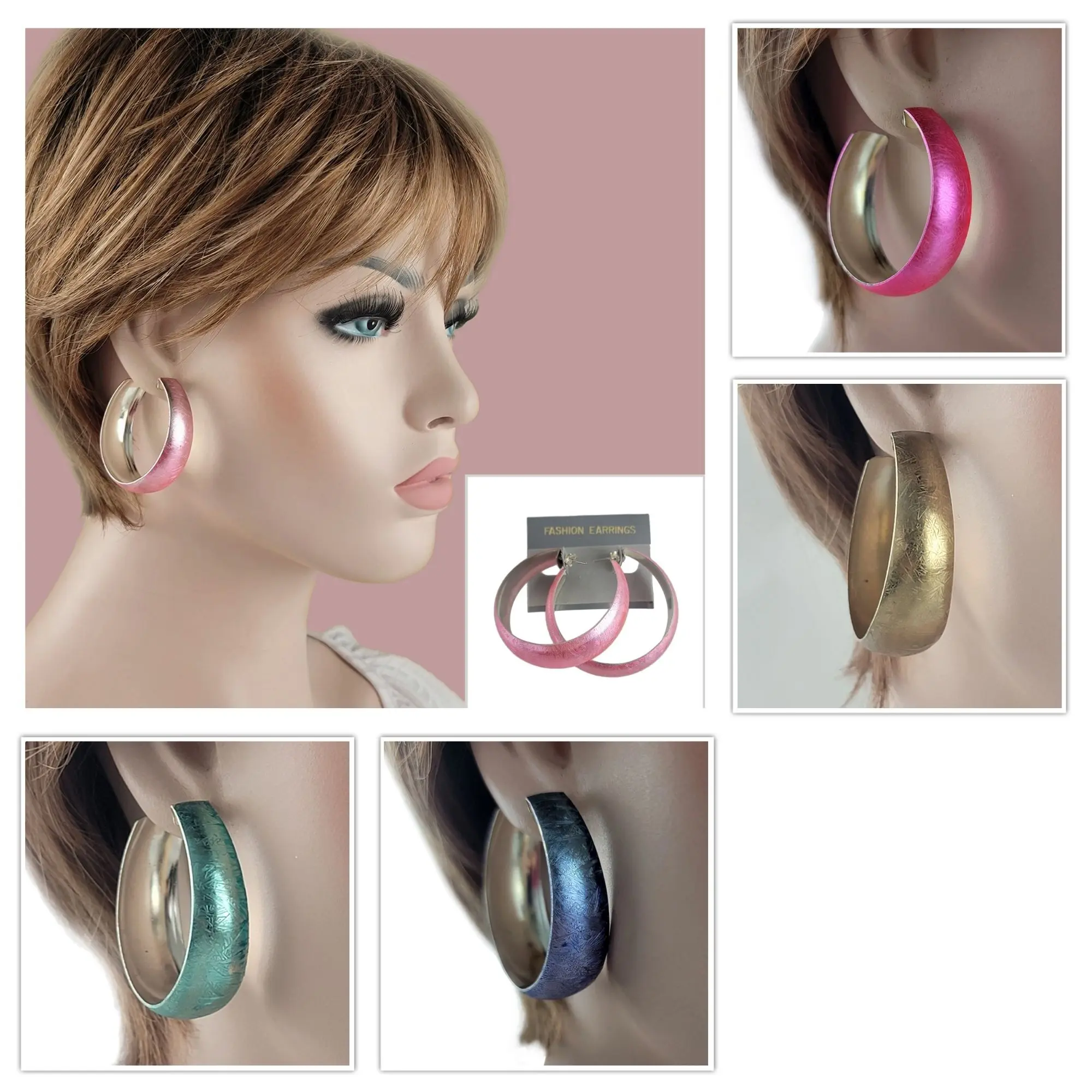 Large Lightweight Wide Distressed Hoop Earrings in Blue, Light Pink, Purple, Gold, Hot Pink - Women's Fashion Jewelry, Gift for Her