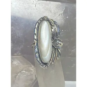 Long Mother of pearl ring size 5.75 Navajo southwest squash blossom sterling silver band women