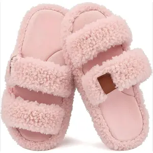 P- Girls Fuzzy Slippers-Soft Open Toe Slippers with Memory Foam & Arch Support, Dual-Strap Warm Comfy Home Slides Indoor House Shoes