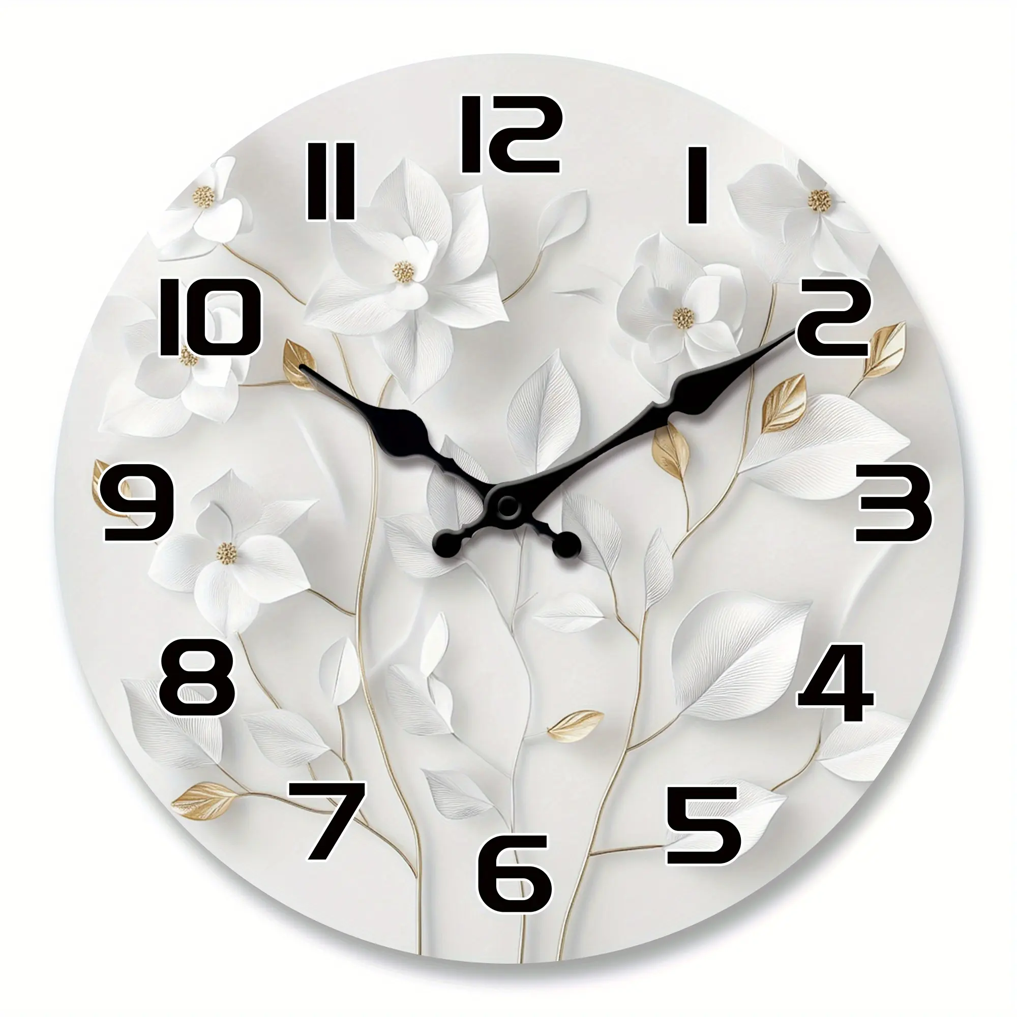 Simple white flower and Golden leaf pattern design wooden veneer wall clock, floral theme silent clock, living room, bedroom, kitchen, office decoration, modern home art decoration, ideal Valentine's Day, New Year gift, birthday gift