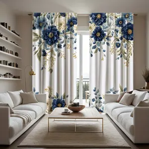 2 pieces of high definition digital white blue flower green leaf curtains, home decoration style decoration living room bedroom through rod curtain effect style bedroom study window Privacy Grommet Curtains