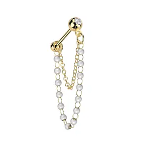 CZ Crystal Barbell Stud with Dangling Faux Pearls and Chain - 316L Stainless Steel