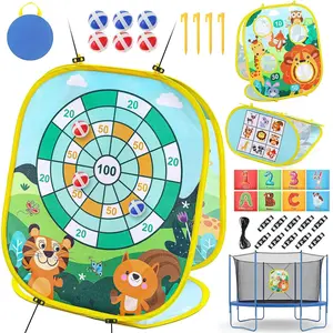 3-in-1 Kids Trampoline Toss Game Set - Kids Outdoor Play, Outdoor Games with Bean Bag Toss, Dart Board, Target Board Accessories for Backyard Party Toys (Ages 3-6 Boys & Girls)