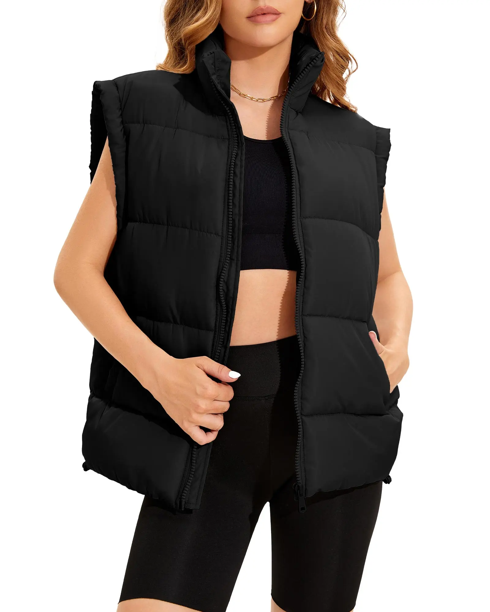 Polu Women's Oversized Puffer Vest, Casual Lightweight Collared Jacket, Sleeveless Zip Up Padded Winter Top, Baggy
