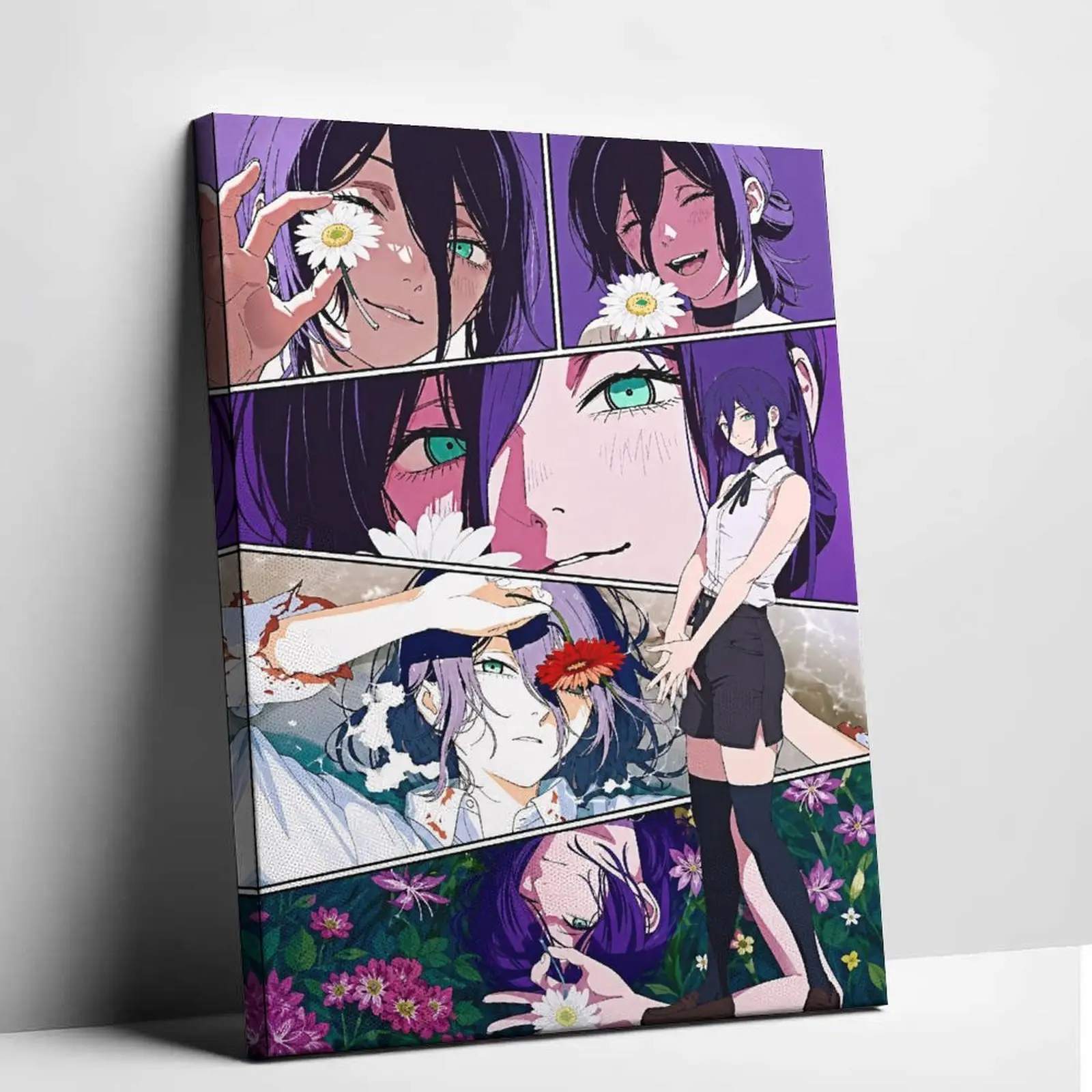 Chainsaw Man Reze Character Canvas Wall Art, Daisy Flowers Manga Panel Format Print, Vintage Comic Aesthetic Purple Hair Decor for Living Room, Room Decorations, Living Room Decorations