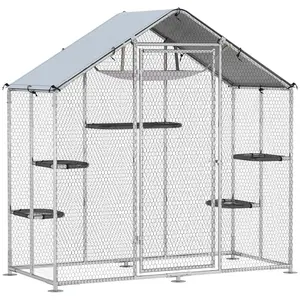 Large Catio Outdoor Cat Enclosure, Galvanized Steel Walk-in Cat Patio for Multiple Kittens, Outdoor Kitty Cage with Waterproof Cover, 5 Adjustable Platforms, Hammock, Chicken Coop Pointed Roof