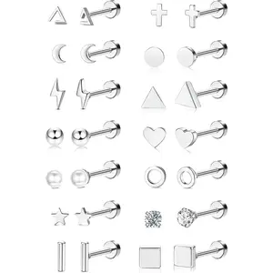 ZELORES 14 Pairs of Stainless Steel Titanium Earrings for Men and Women Simple Zircon Geometric Screws Flat Back Earrings Cartilage Tragus Piercing Jewelry