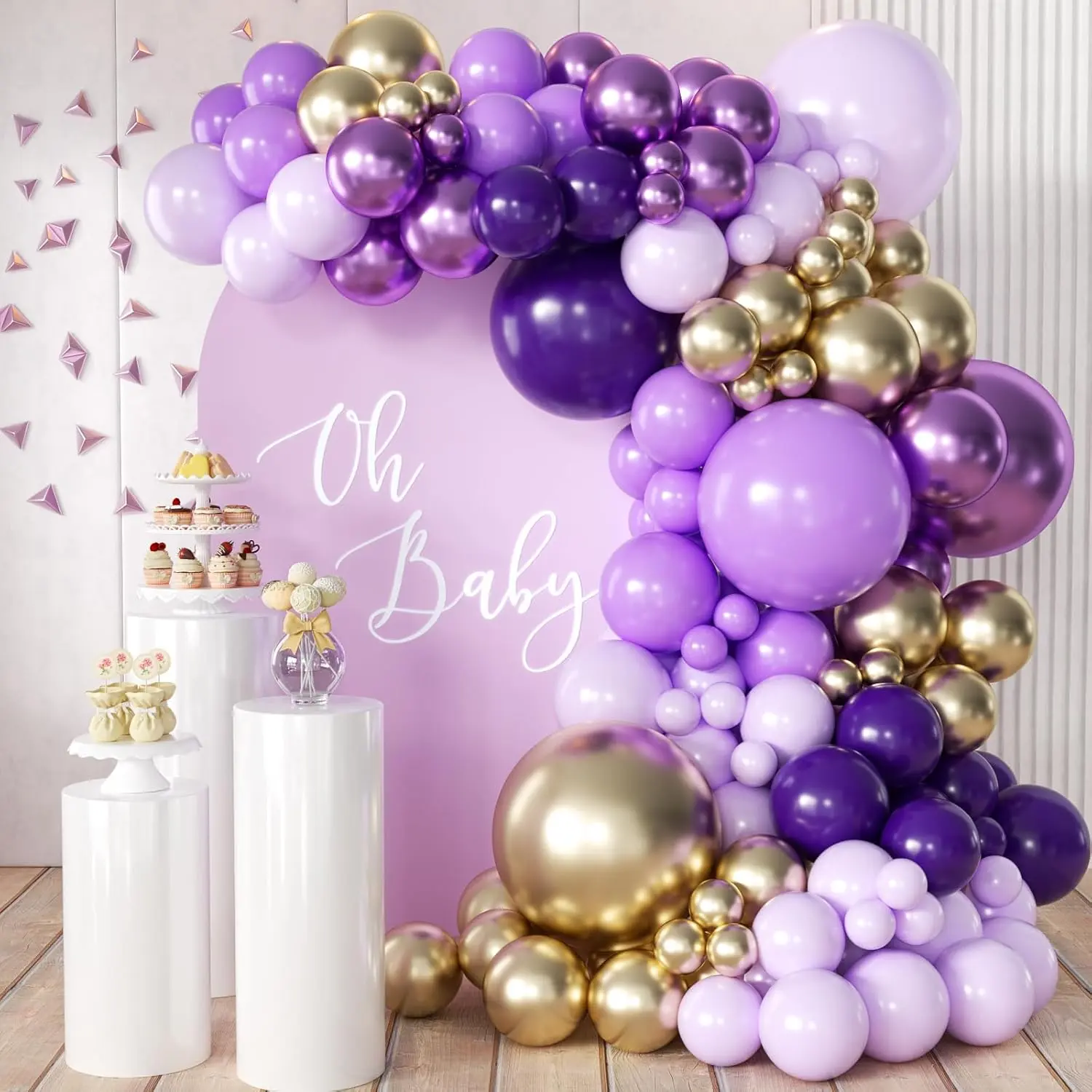 166-Piece Square Balloon Arch & Garland Kit - Dark Purple, Metallic Lavender, Lilac, Violet, Gold Chrome Balloons for Girl Baby Shower, Princess Party Decorations