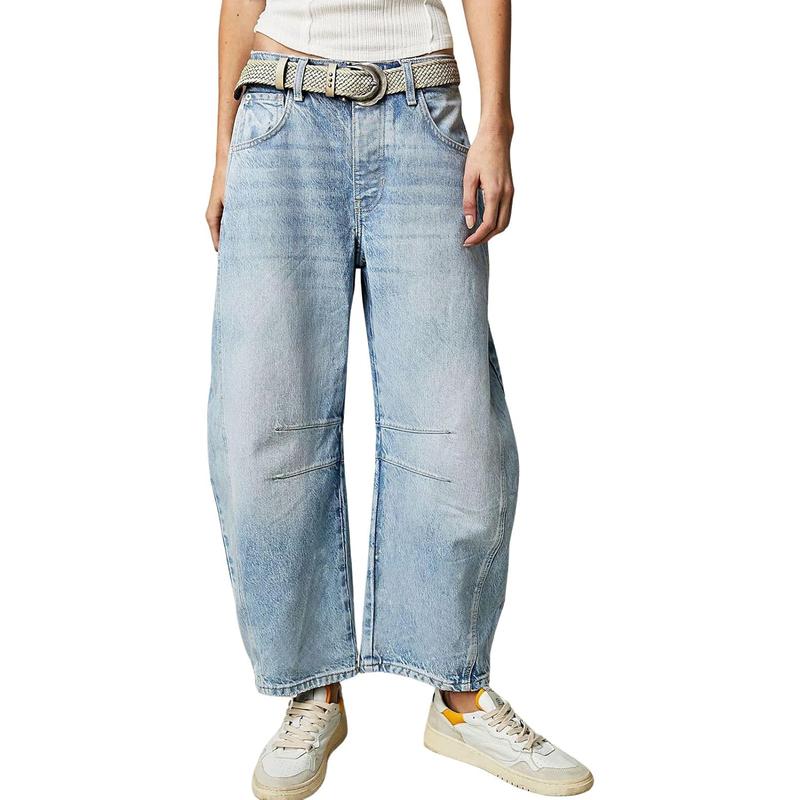 Chouyatou Barrel Jeans Women Wide Leg Cropped Jeans Y2k Mid Rise Baggy Jeans Boyfriend Denim Pants Harem Pants Vintage Breathable
