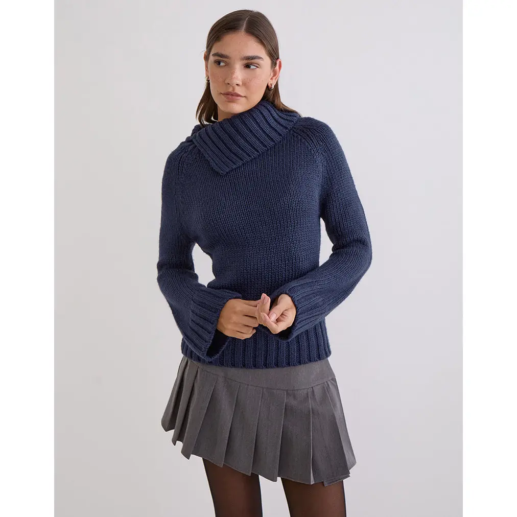 Dajah Fold Over Jumper in Knit Navy