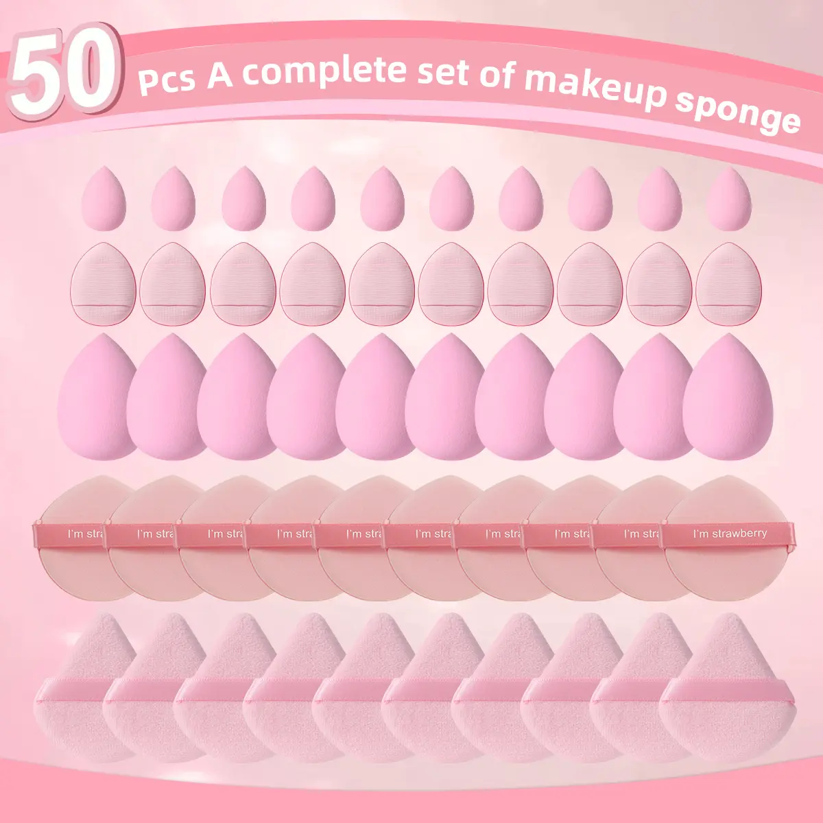 50pcs Face Makeup Tools Set,10pcs Large Makeup Sponge & 10pcs Fan Powder Puff & 10pcs Mini Makeup Sponge & 10pcs Air Cushion Powder Puff & 10pcs Thumb Powder Puff