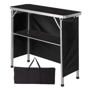 Portable Folding Bar Table with Storage Shelf - Heavy-Duty Metal Tradeshow Podium Table, Black Skirt & Carrying Bag for Indoor/Outdoor Parties, Picnics, Exhibitions