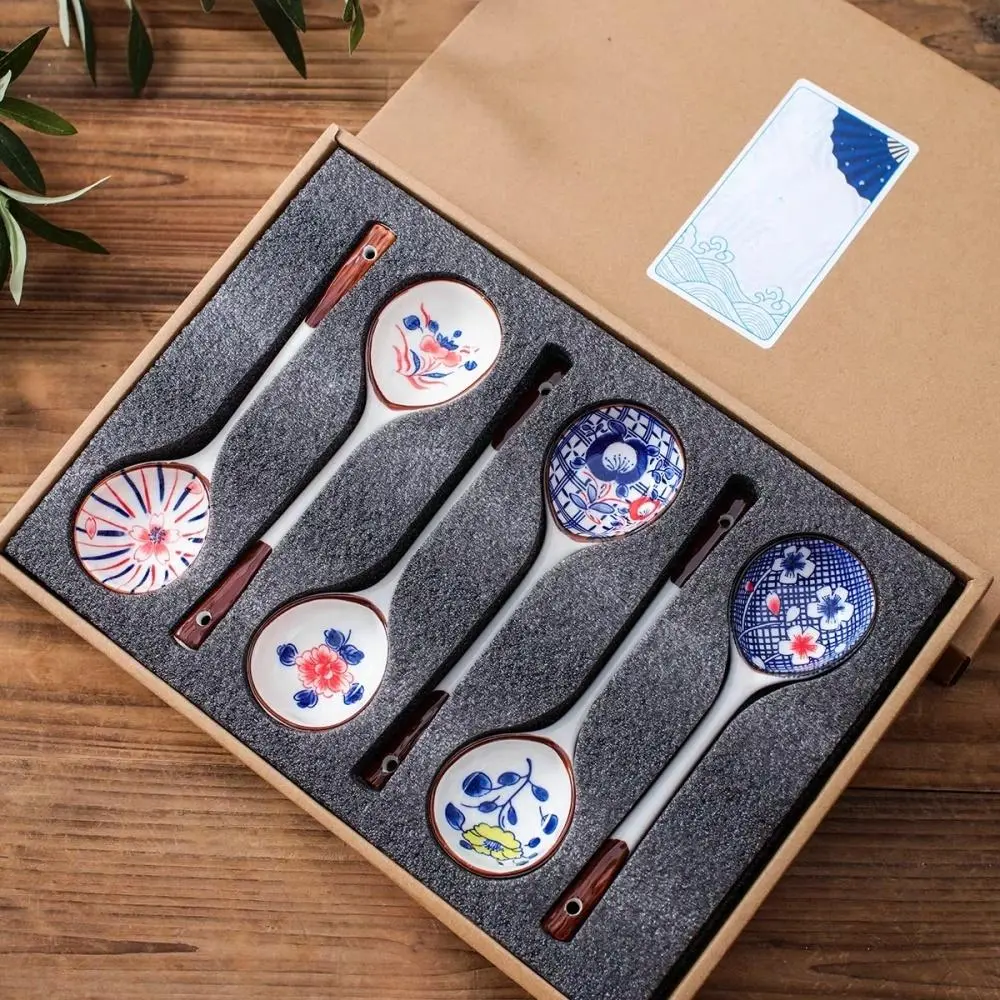 Ceramic Dessert Spoon Set, 4/6 Counts/set Creative Pattern Spoon with Gift Box, Modern Mixing Spoon for Home Kitchen Dining Room, Kitchenware Spoons Set