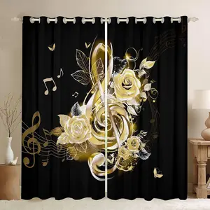 Yellow Music Note Curtains Couple Rose Floral 30%-50% Blackout Curtains,Lover Valentine's Day Darkening Drapes,Romantic Musical Window Treatments